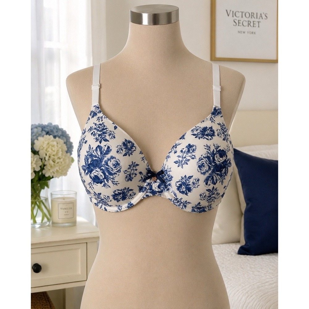 Victoria Secret Body By Victoria Lined Perfect Coverage Bra 36D Blue White Flora